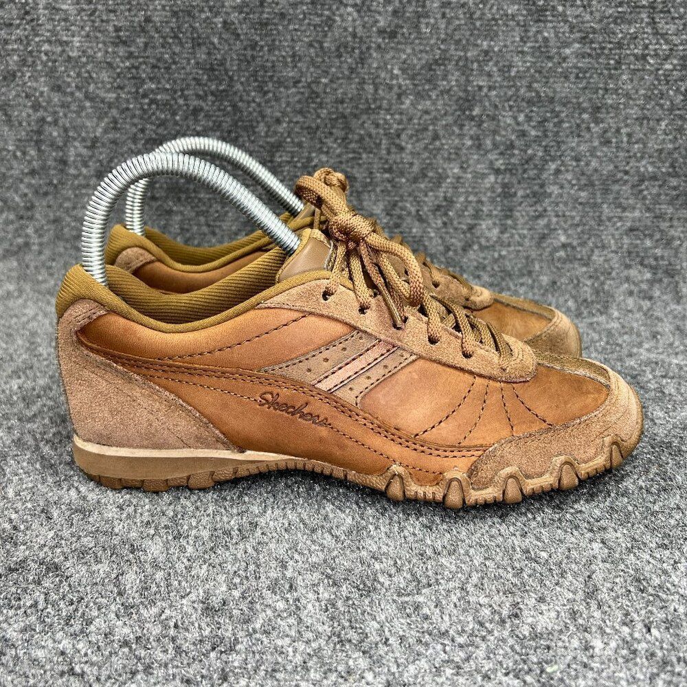 Skechers Biker Shoes Womens Size 6 Brown Leather Relaxed Fit Memory Foam Sneaker